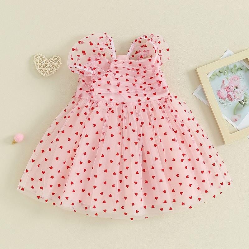 2023-10-20 Lioraitiin 6M-4Y Cute Baby Girl Valentine’s Day Dress Heart Print Short Puff Sleeve Tulle Dress Cute Princess Dress